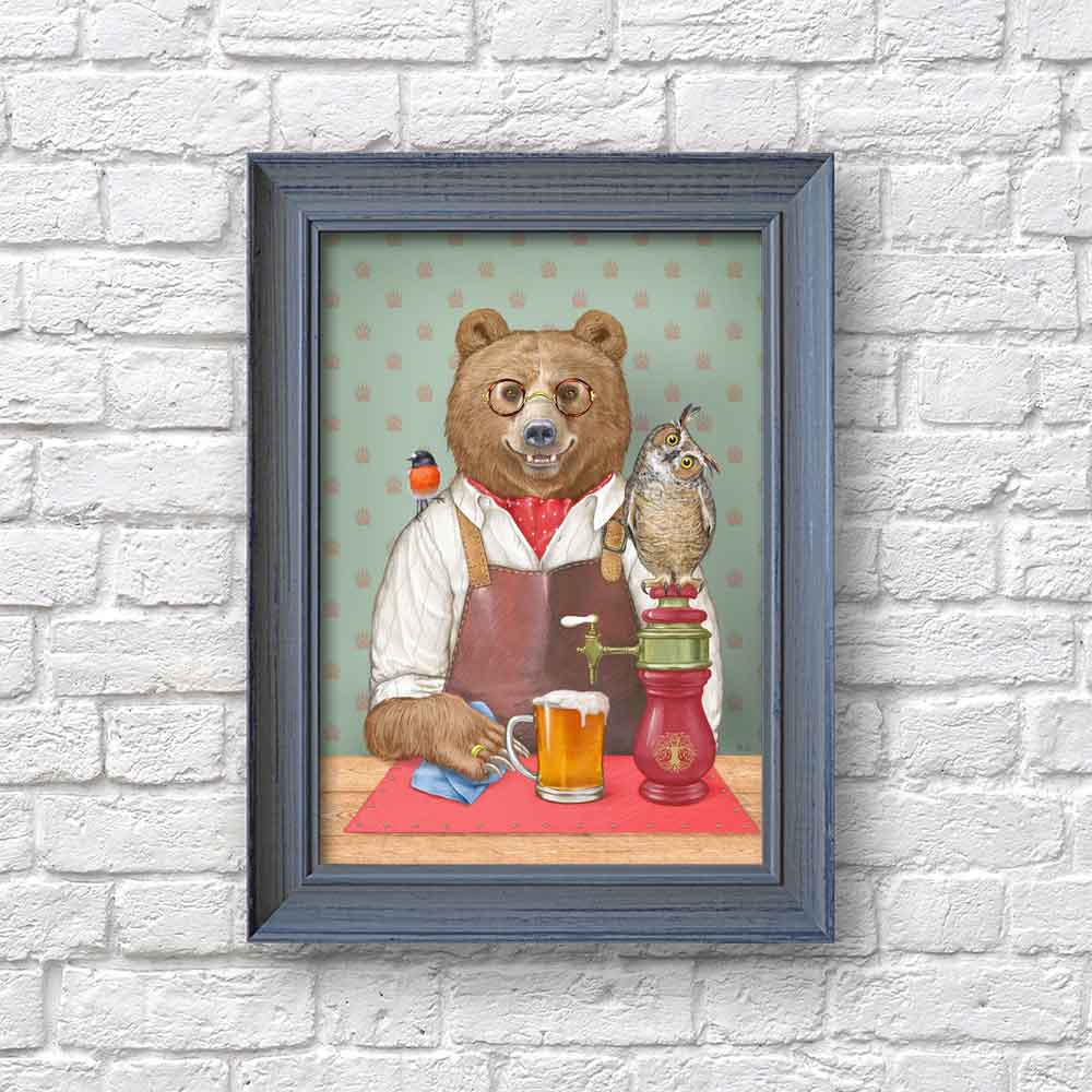 Grizzly bear with beer art poster S&G Studio framed