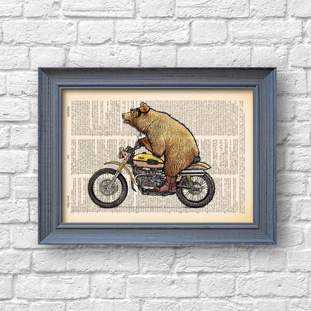 Grizzly bear on motorbike art print S&G Studio