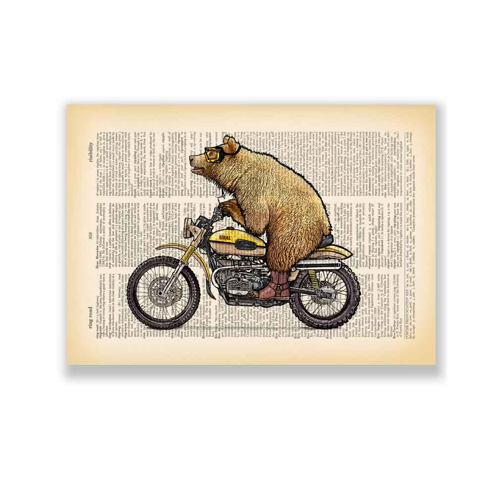 Grizzly bear on motorbike art print S&G Studio