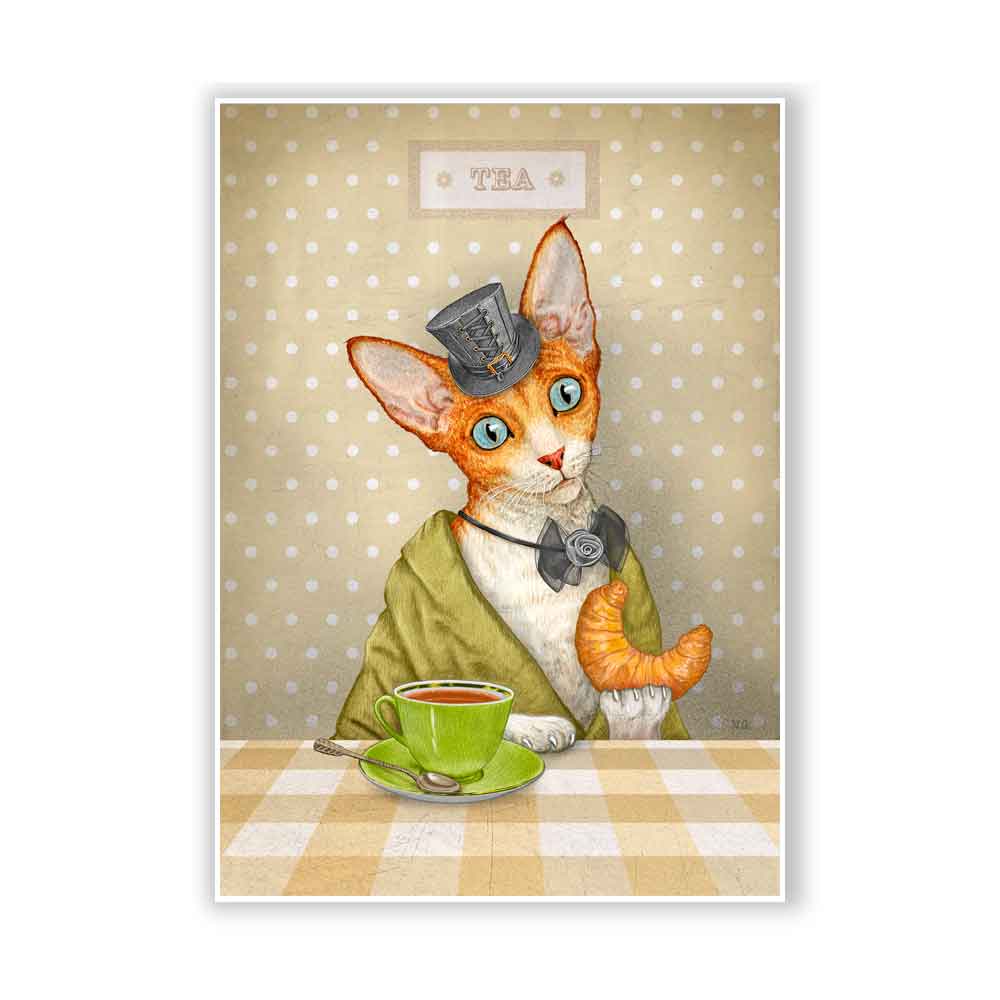 Victorian Cat with Tea Art Print S&G Studio