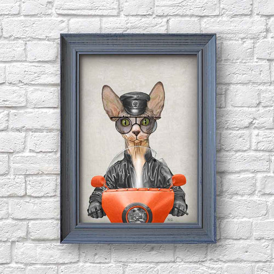 Sphynx cat on bike art print S&G Studio