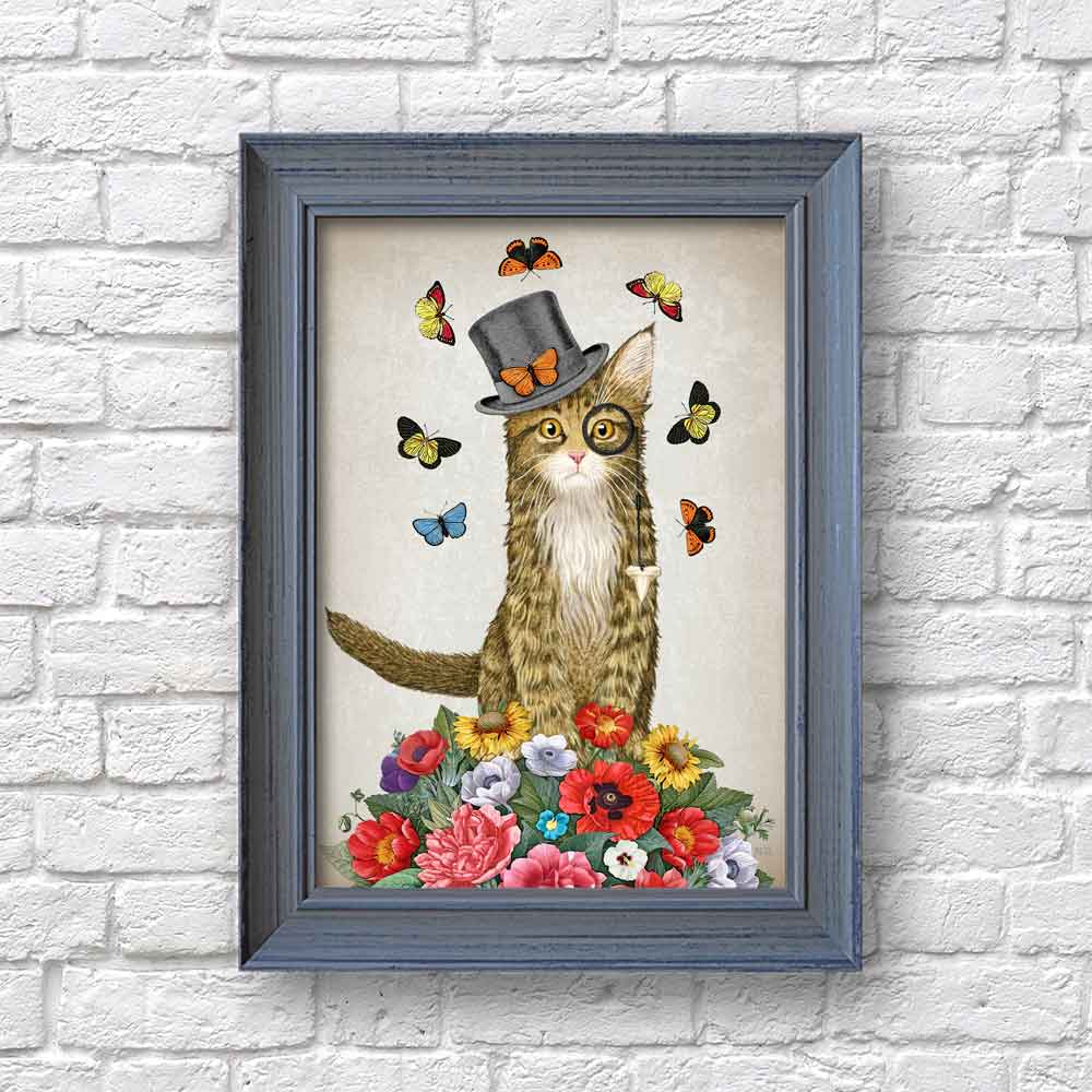 Cat in top hat with flowers art print S&G Studio