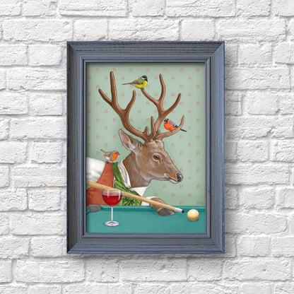 Deer With Wine Playing Billiard Art Print framed S&G Studio