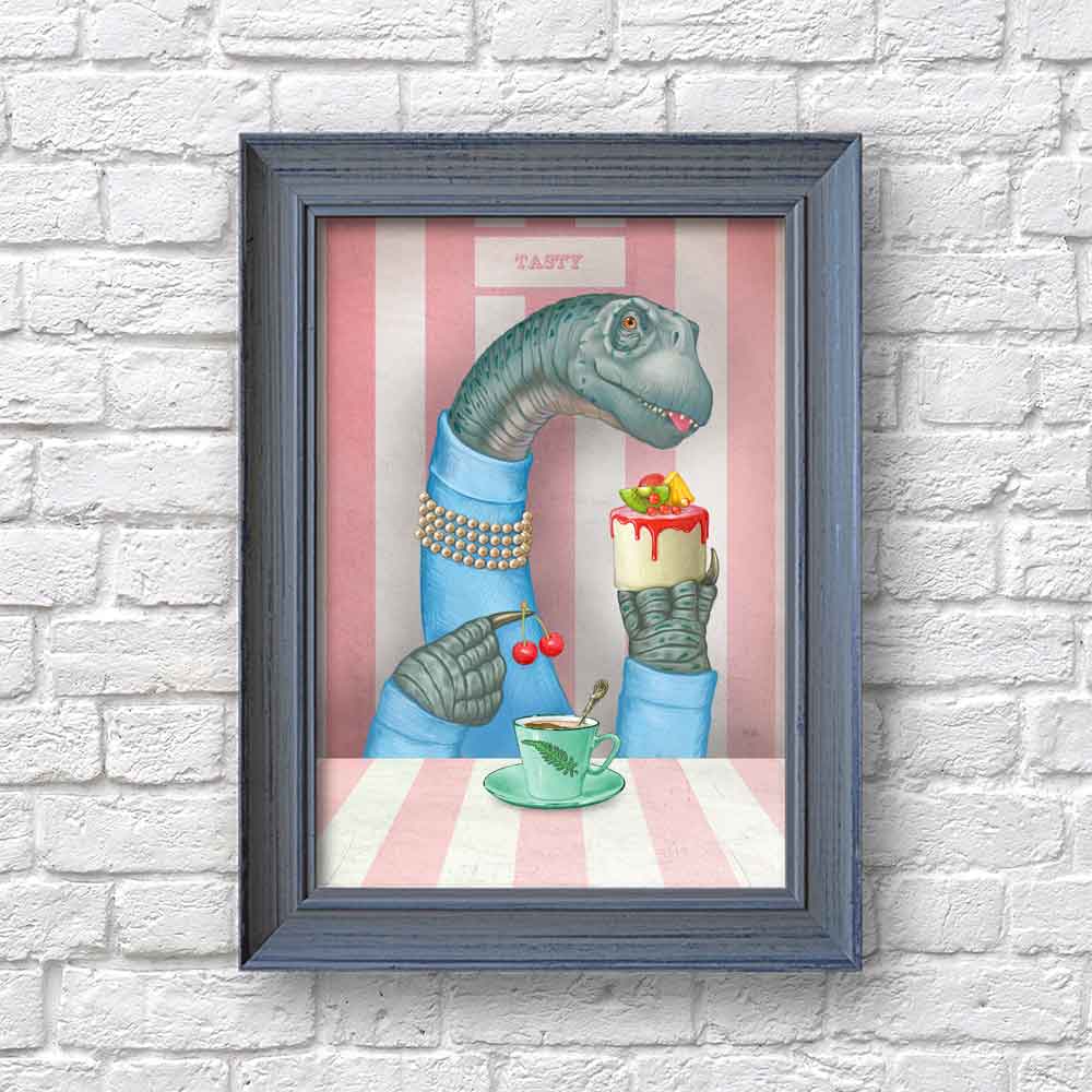 Brontosaurus with a cake art print S&G Studio