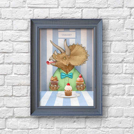 Triceratops dinosaur with cupcakes art print S&G Studio