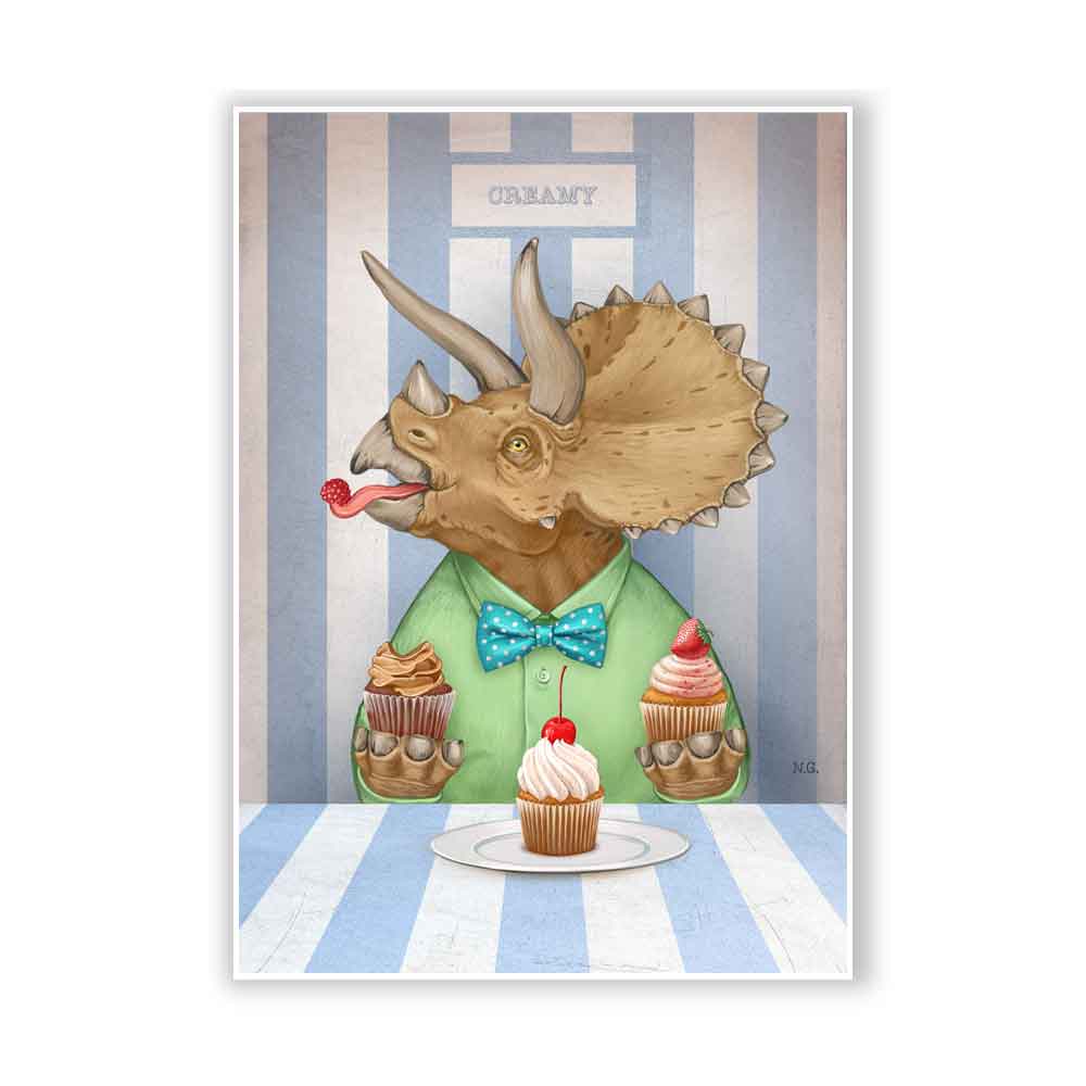 Triceratops dinosaur with cupcakes art print S&G Studio