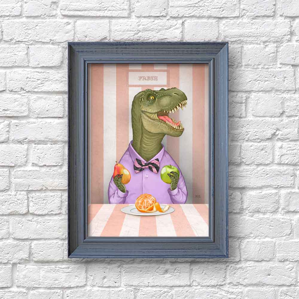 T Rex and Fruits Vegetarian Art Print S&G Studio