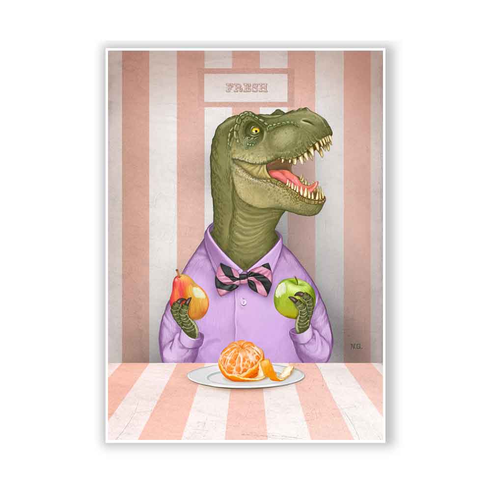 T Rex and Fruits Vegetarian Art Print S&G Studio