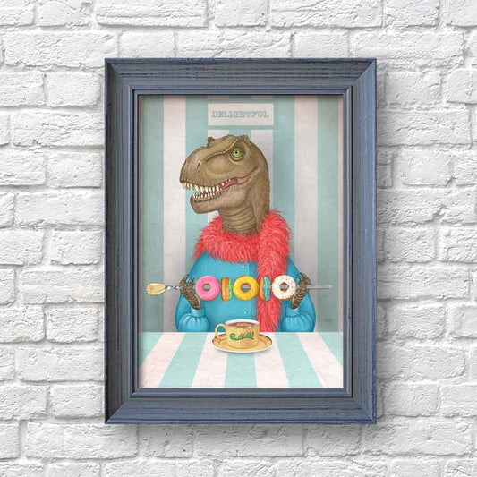 Lady Tyrannosaurus Rex with donuts art print S&G Studio