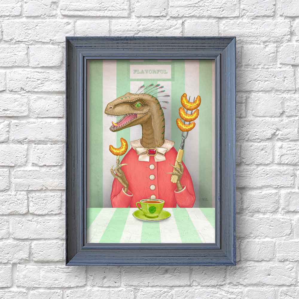 Velociraptor with croissants art print S&G Studio