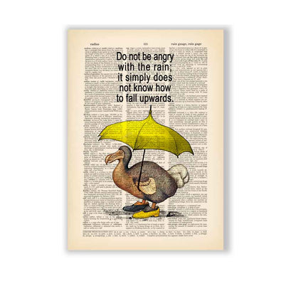 Dodo bird holding a yellow umbrella with a humorous quote on vintage book page background