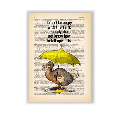 Whimsical dodo bird art print featuring "Do not be angry with the rain" quote