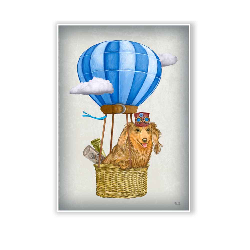 Dachshund on hot air balloon ride art print S&G Studio