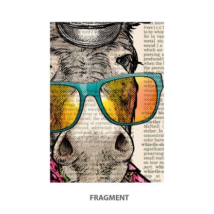 Fragment of donkey art print with duck, sunglasses, and vintage text design