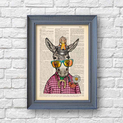 Framed print of donkey with sunglasses, a checkered shirt, and a duck in retro style