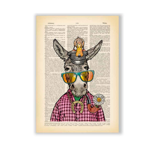 Donkey wearing sunglasses and a duck on its head on vintage book page background