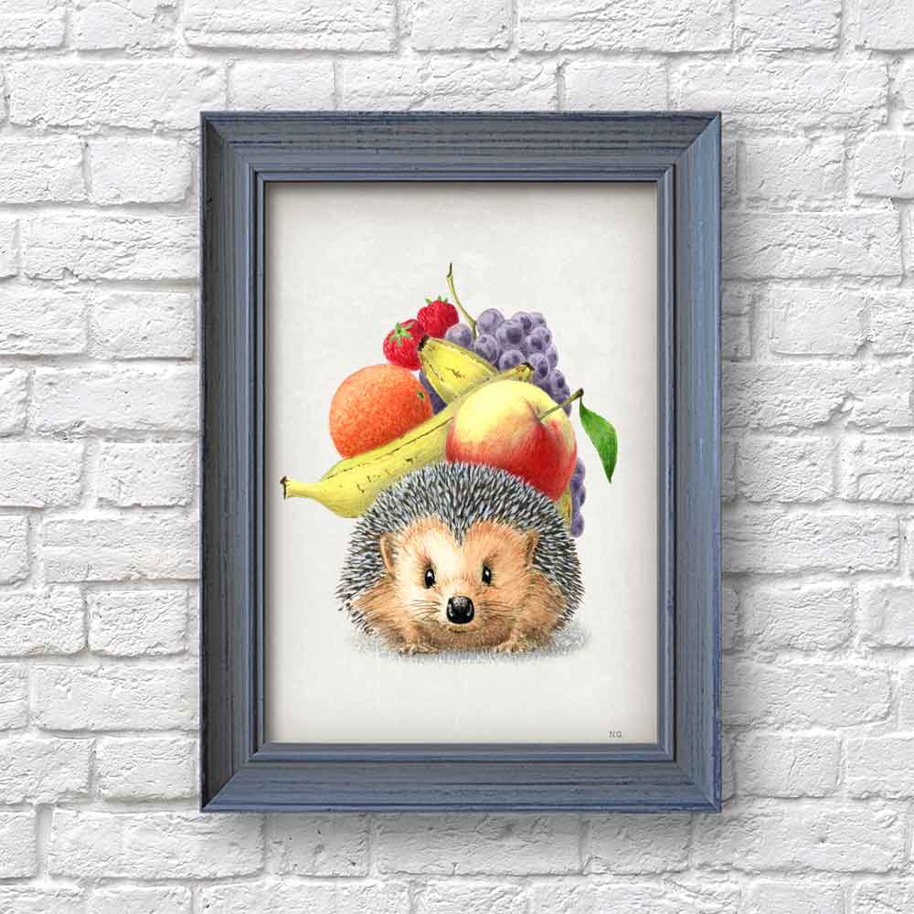 Hedgehog with fruits Art Print S&G Studio