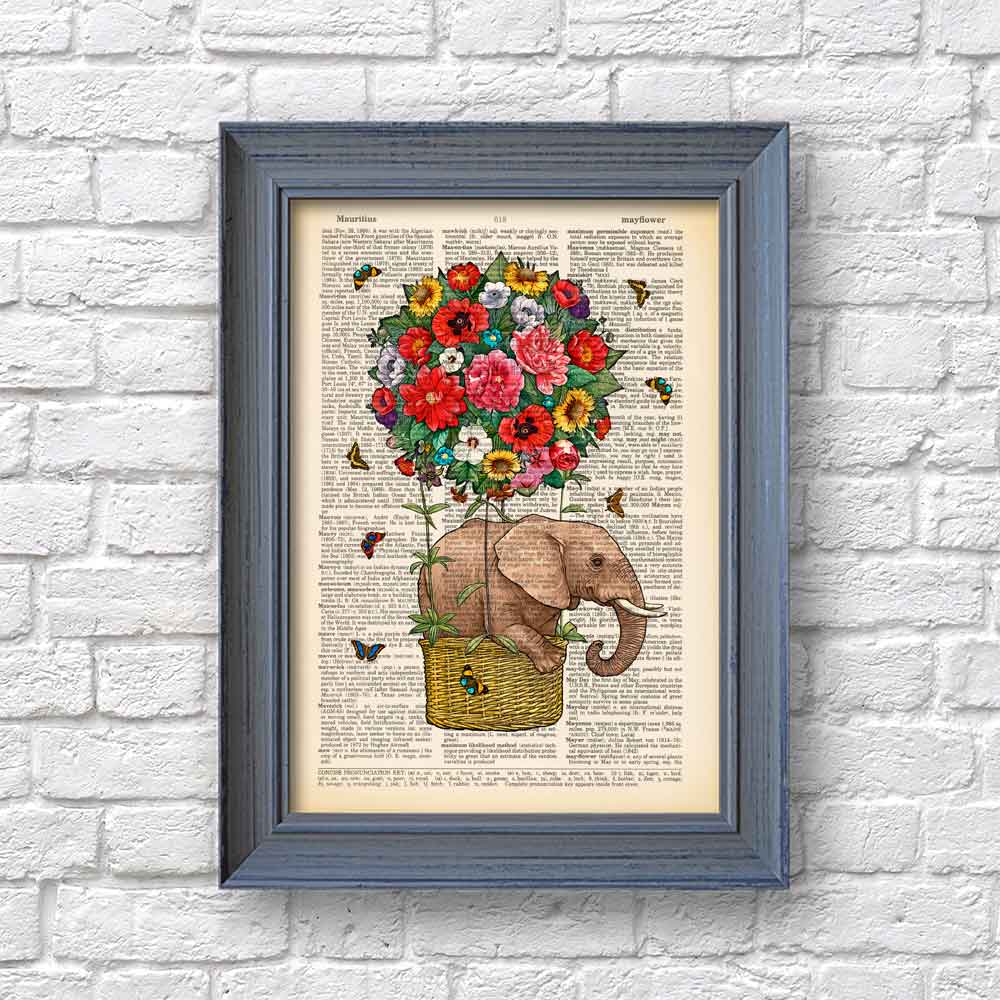 Elephant and hot air balloon art print S&G Studio