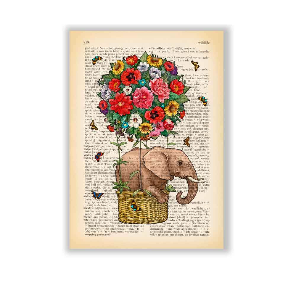 Elephant and hot air balloon art print S&G Studio