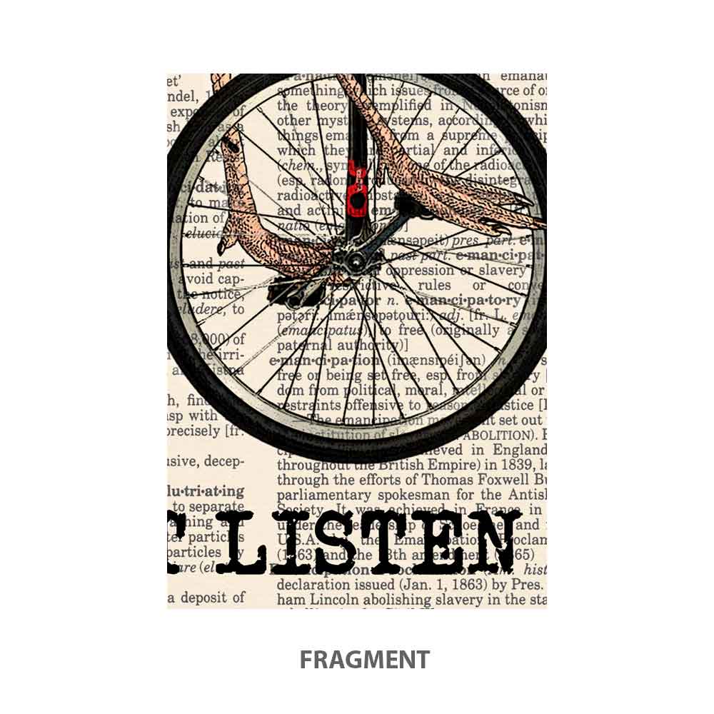 Fragment of flamingo art print with unicycle, top hat, and vintage text