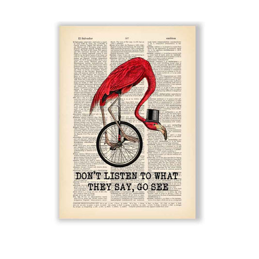 Flamingo riding a unicycle with a top hat and motivational quote on vintage book page background