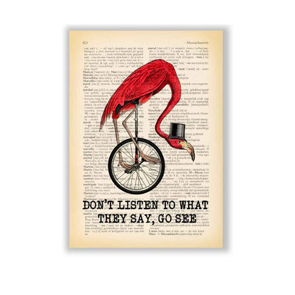 Flamingo cycling art print featuring "Don't listen to what they say, go see" quote