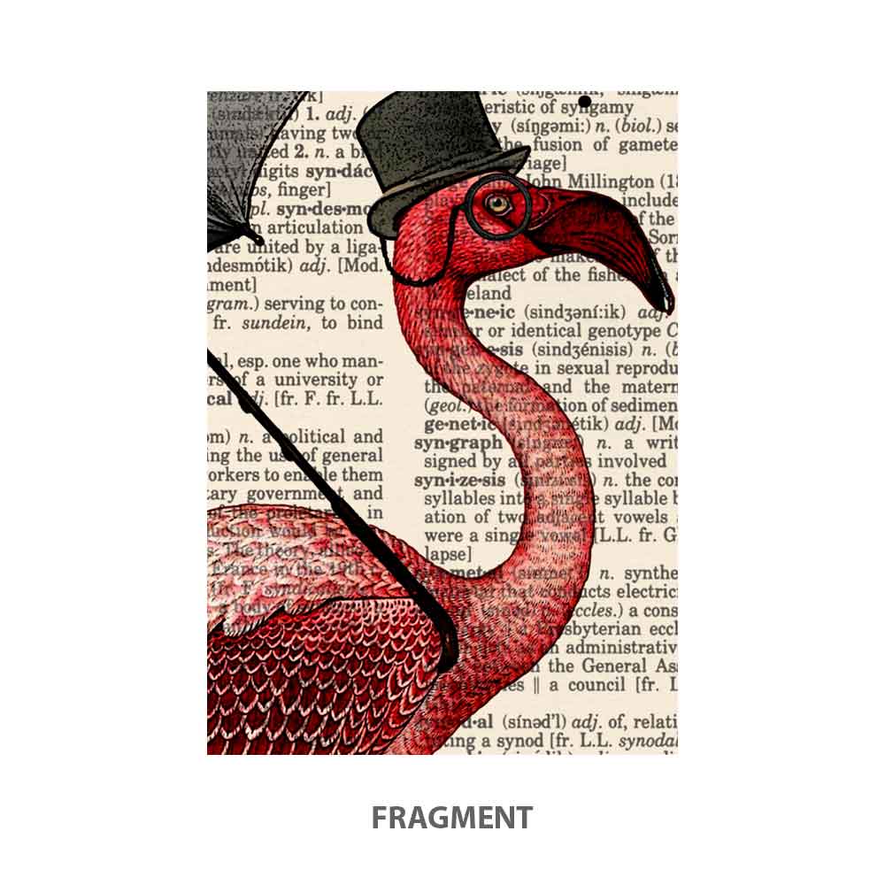 Fragment of flamingo art print with vintage text and unique design elements