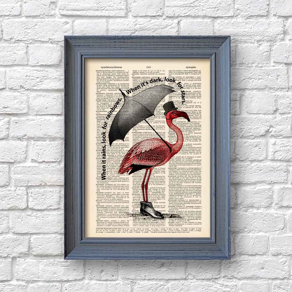 Framed poster  of flamingo with retro accessories and vintage-style design