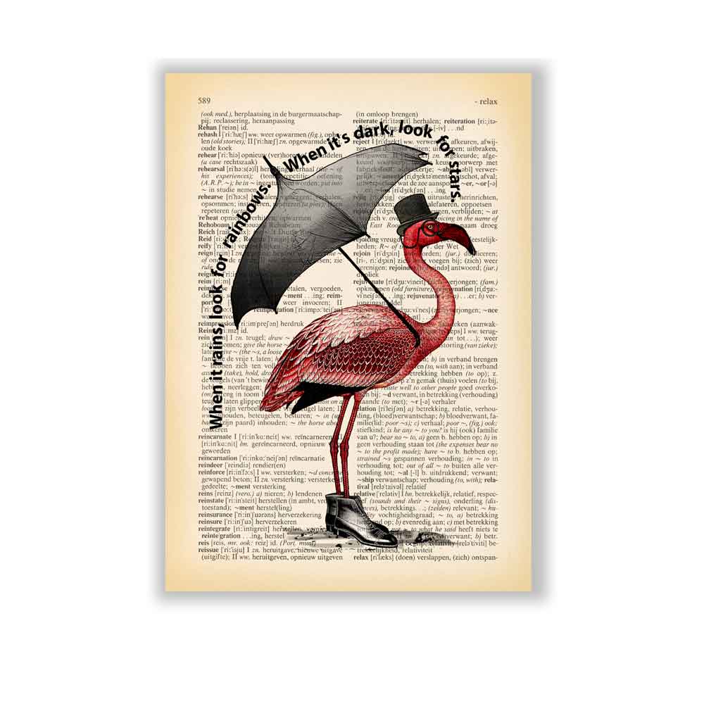 Flamingo with an umbrella and top hat on vintage book page background