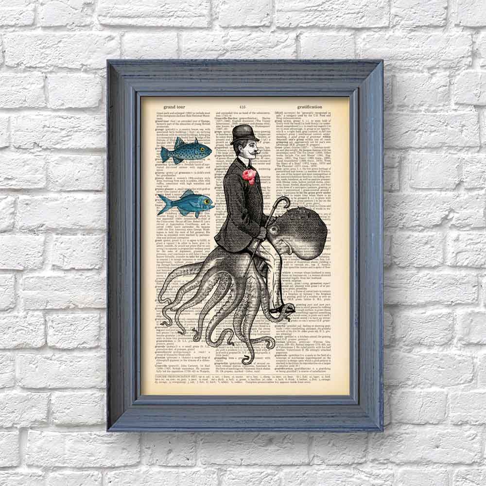 Framed Victorian octopus rider art print, steampunk wall decor.