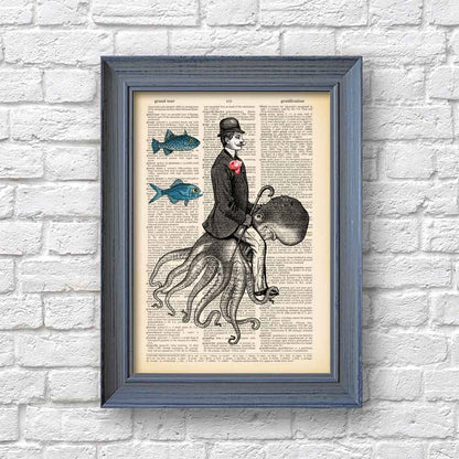 Framed Victorian octopus rider art print, steampunk wall decor.