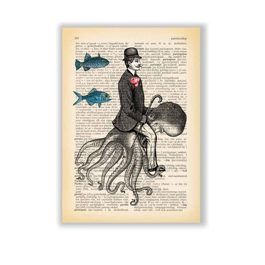 Steampunk art print of a Victorian gentleman riding an octopus on a vintage book page for small format print.