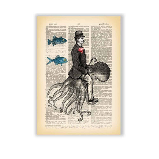 Steampunk art print of a Victorian gentleman riding an octopus on a vintage book page.