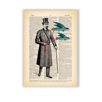 Victorian gentleman art print with flying fish on vintage book page