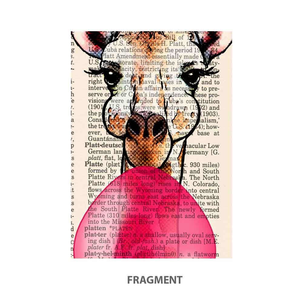 Fragment of giraffe art print with bubblegum detail and vintage text