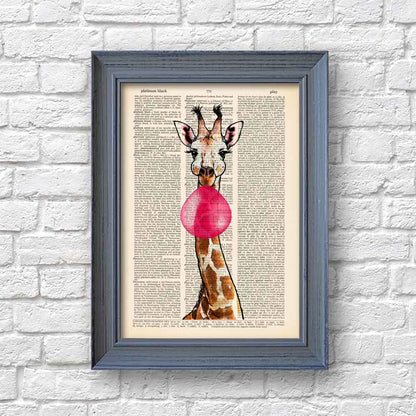 Framed Art print of giraffe with pink bubblegum and retro book page texture