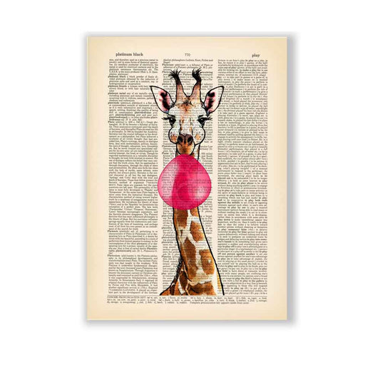 Giraffe blowing pink bubblegum on vintage-style book page background