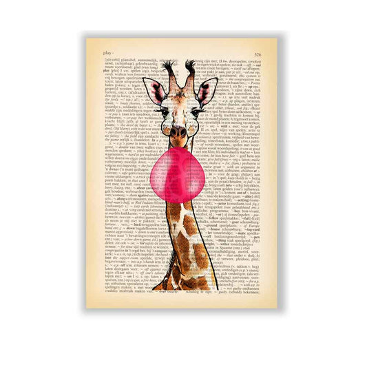 Whimsical giraffe and bubblegum art print for fun home decor