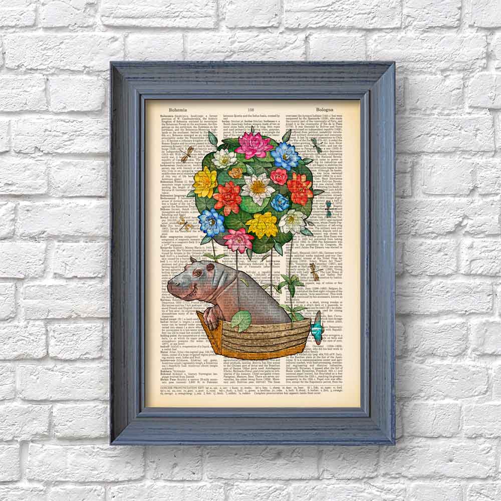 Hippo flying a hot air balloon art print S&G Studio