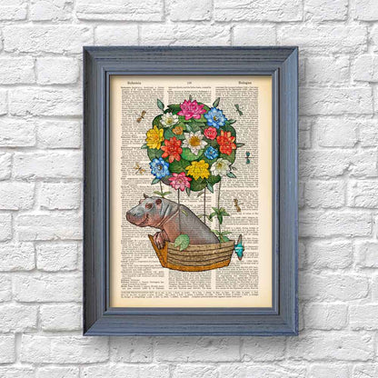 Hippo flying a hot air balloon art print S&G Studio