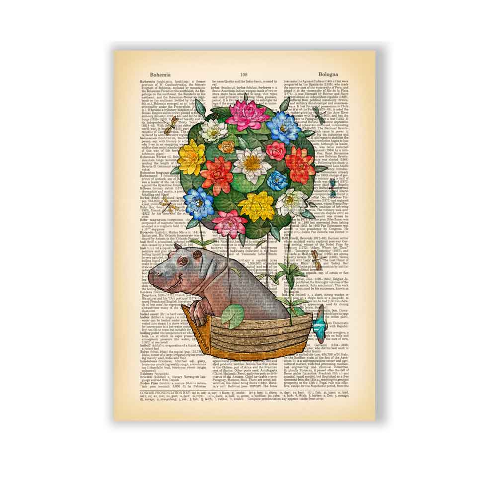 Hippo flying a hot air balloon art print S&G Studio