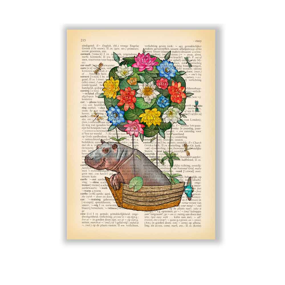 Hippo flying a hot air balloon art print S&G Studio