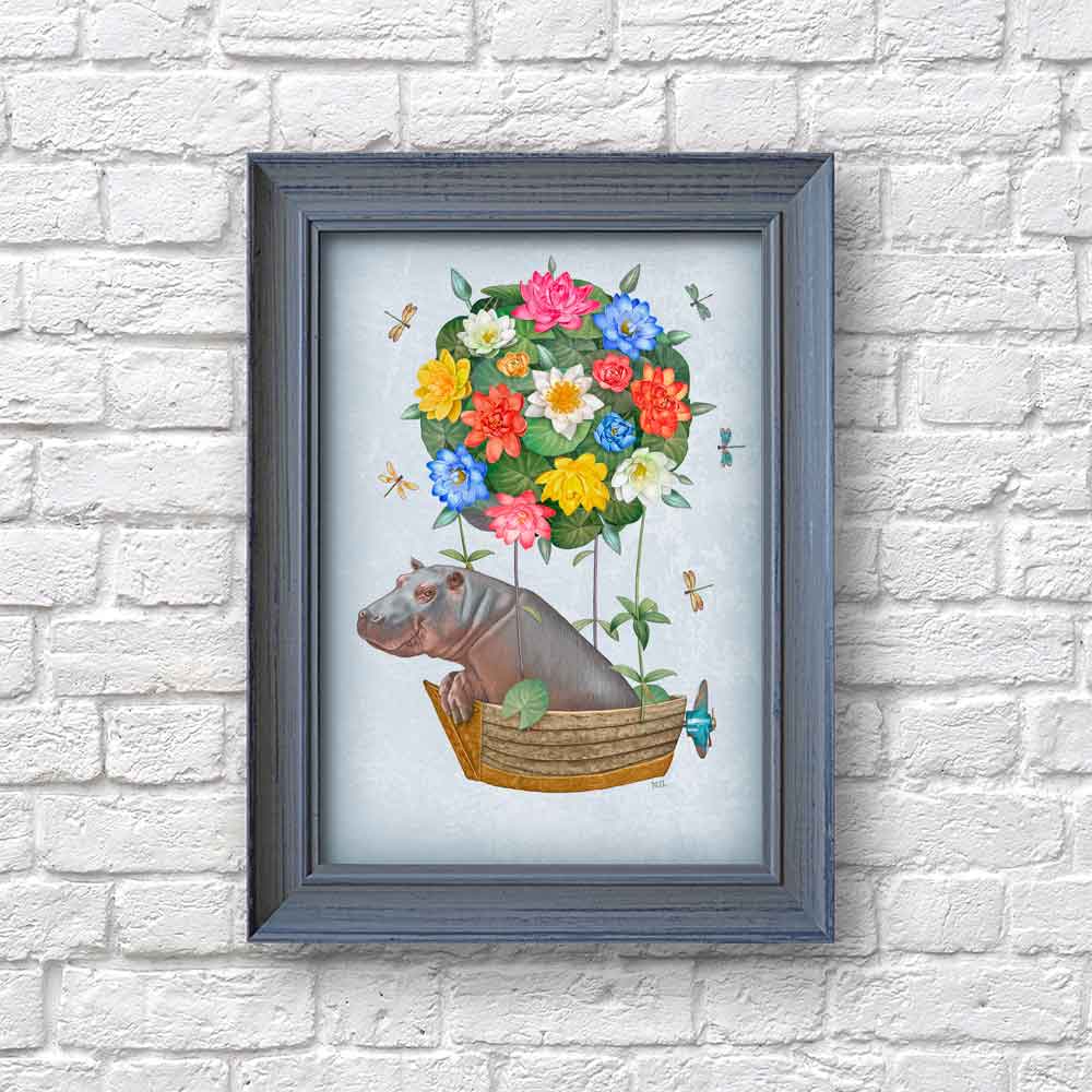 Hippo and Dragonflies Art Print S&G Studio