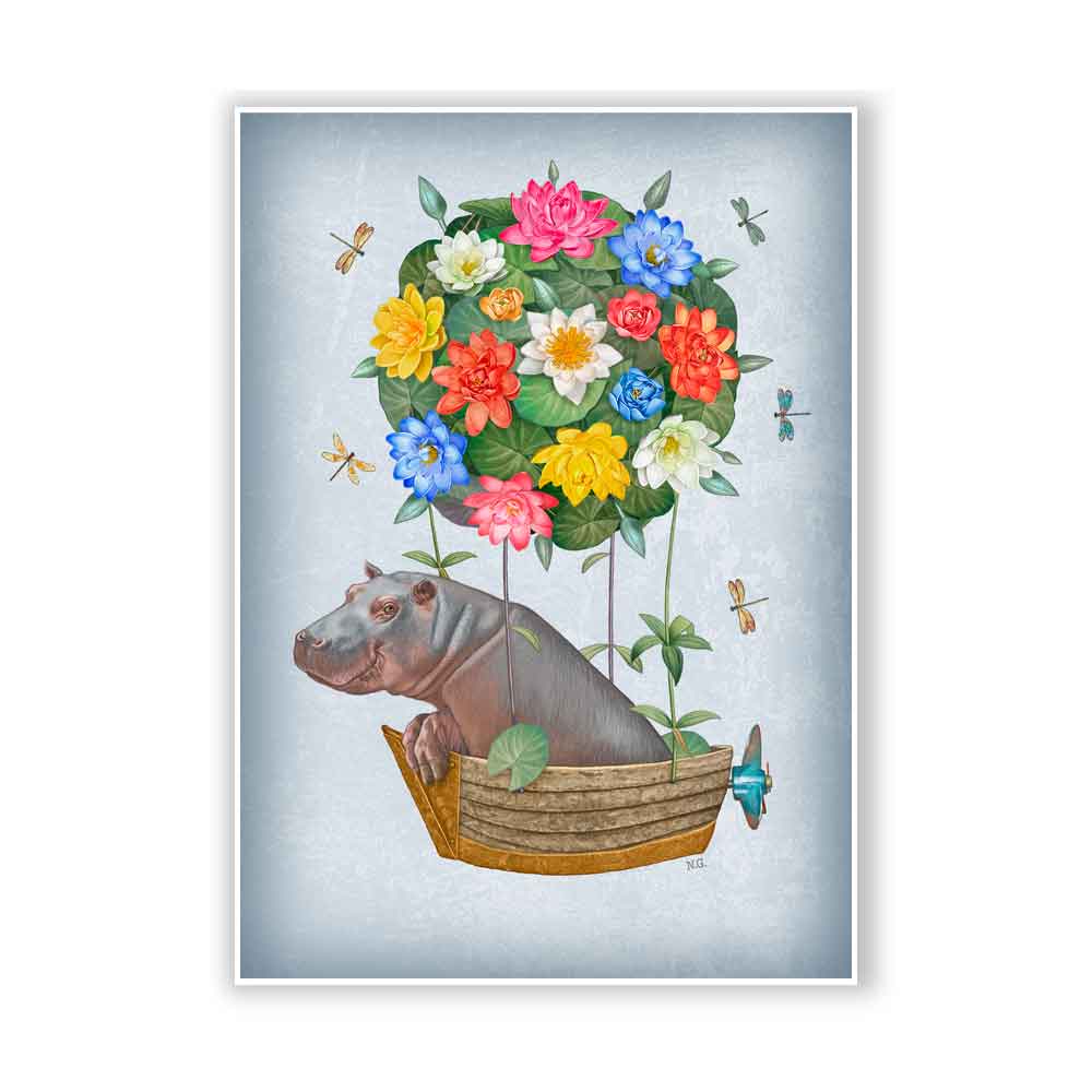 Hippo and Dragonflies Art Print S&G Studio