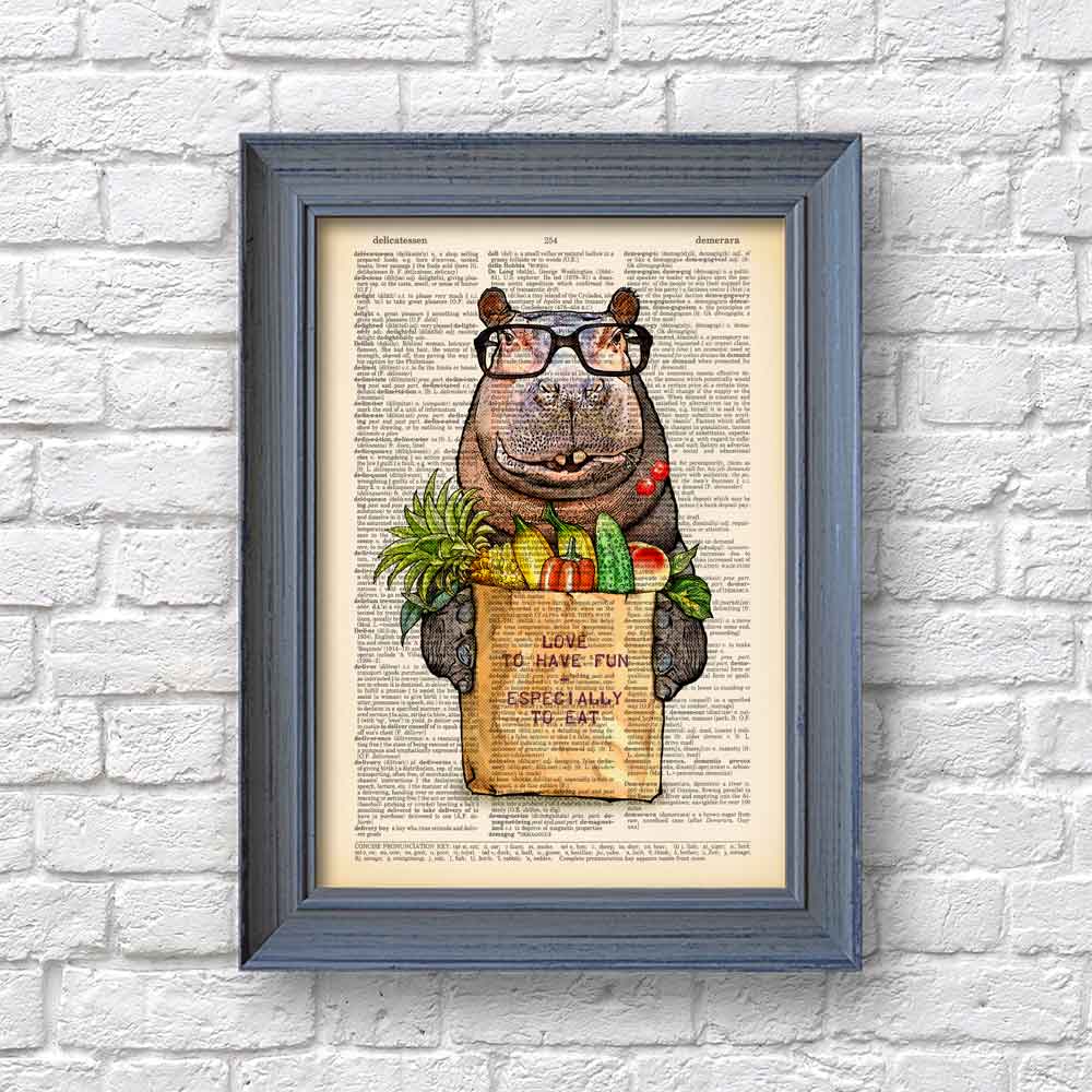 Hippo with vegetables and fruits art print S&G Studio