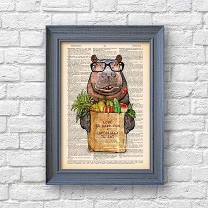 Hippo with vegetables and fruits art print S&G Studio