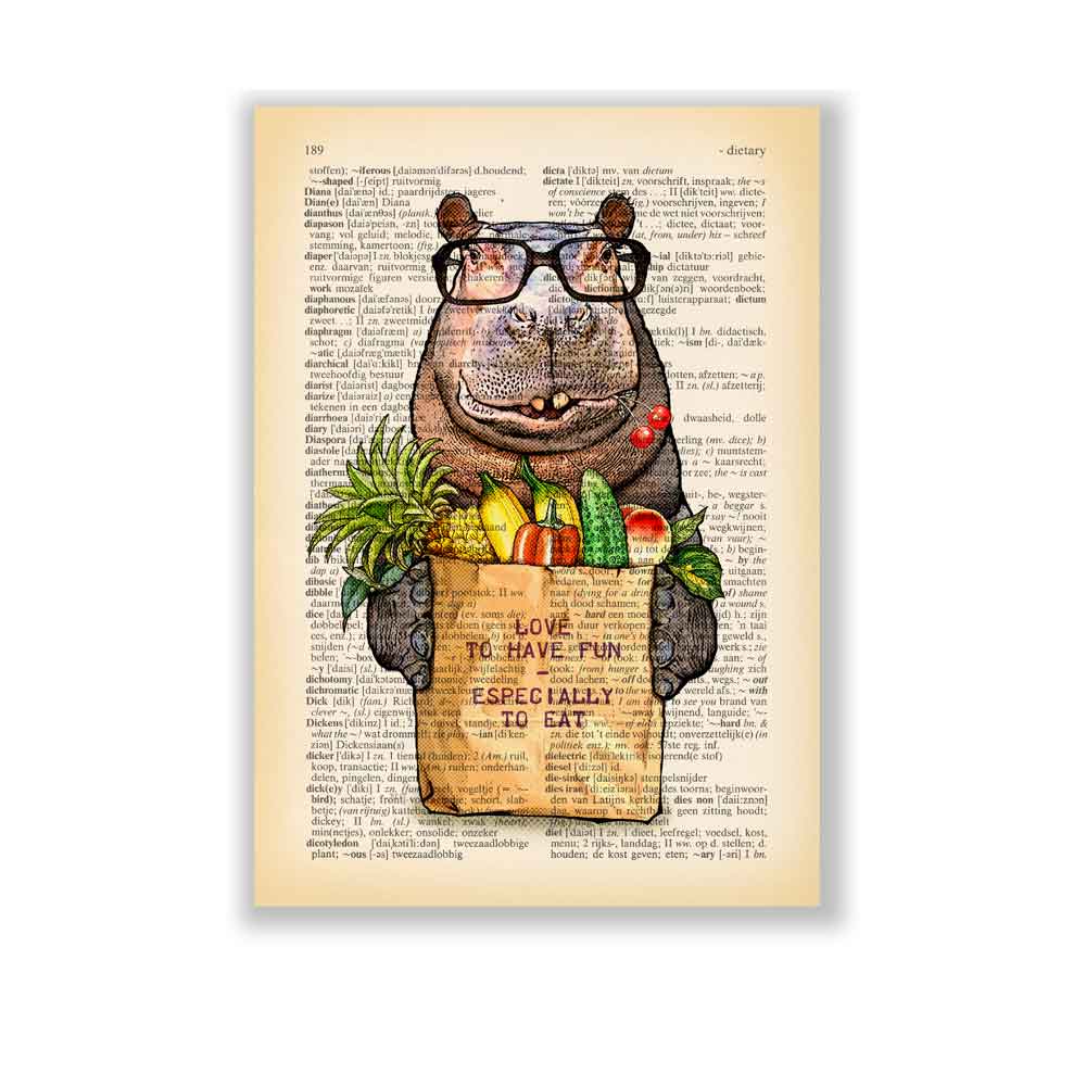 Hippo with vegetables and fruits art print S&G Studio