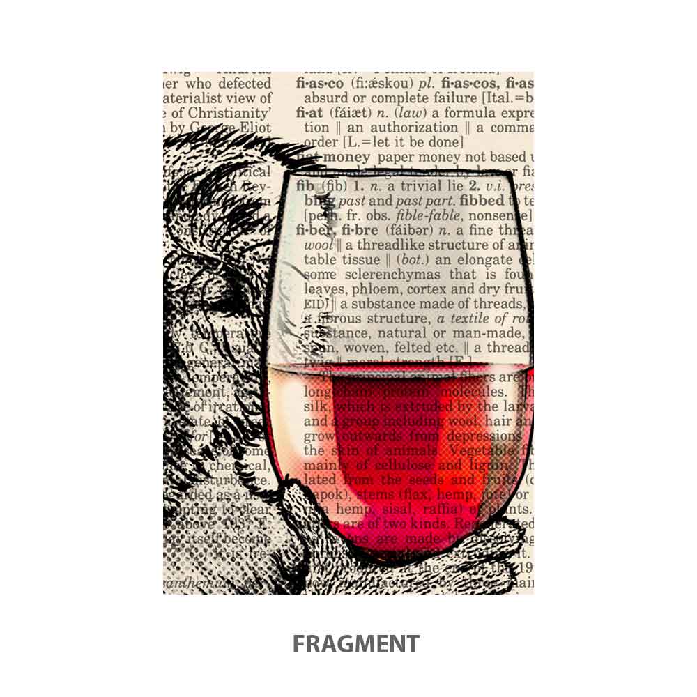 Fragment of koala art print with wine glass and vintage text design