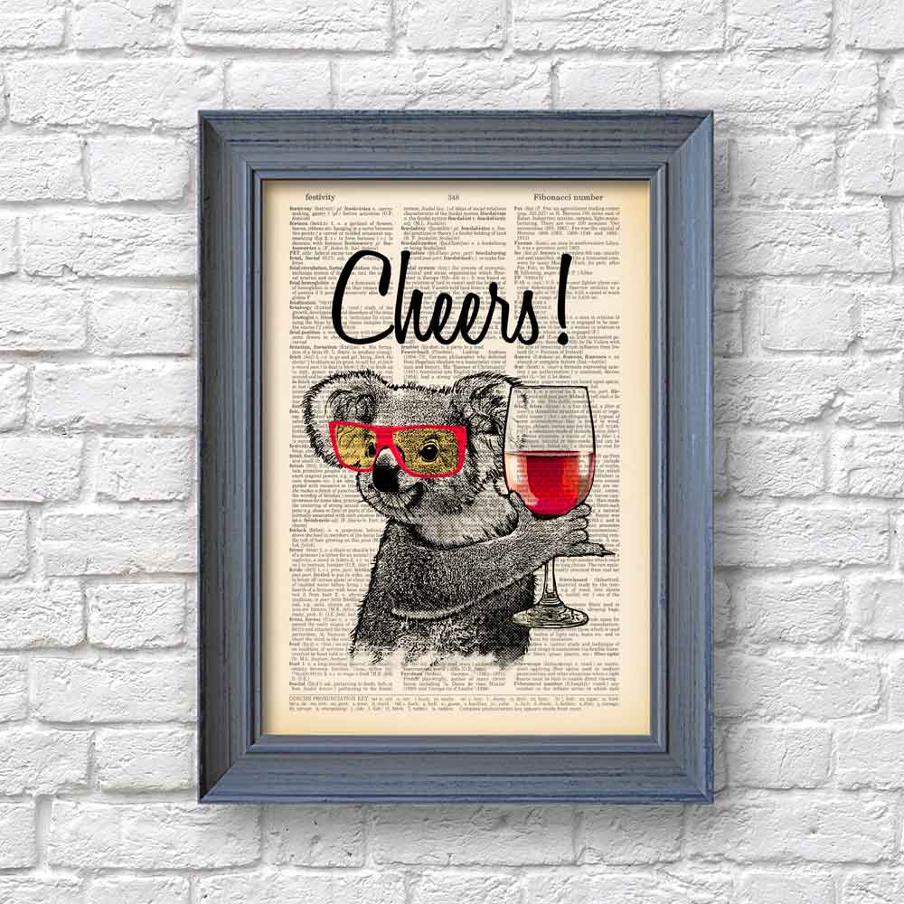 Framed Art print featuring a koala, red glasses, and a glass of wine in vintage style