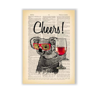 Koala with red glasses holding a glass of wine on vintage book page background